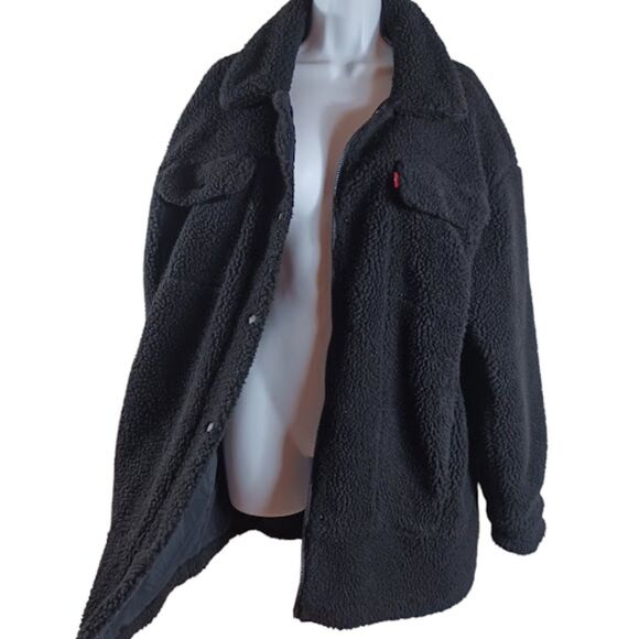 Levi’s Black Sherpa Fleece Teddy Jacket Sz L Full Zip Snap Faux Fur Lined Coat - Picture 7 of 11